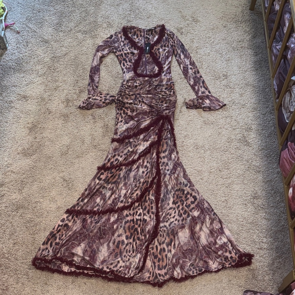 Fashion Nova Leopard Print Long Sleeve Dress with Burgundy Details